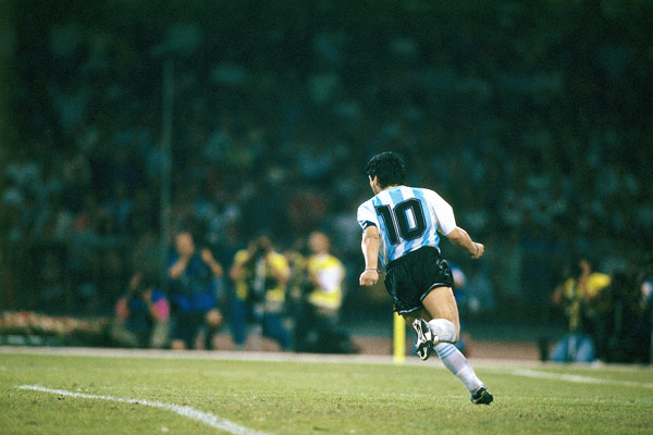 Celebrating his penalty goal against Italy – World Cup 1990