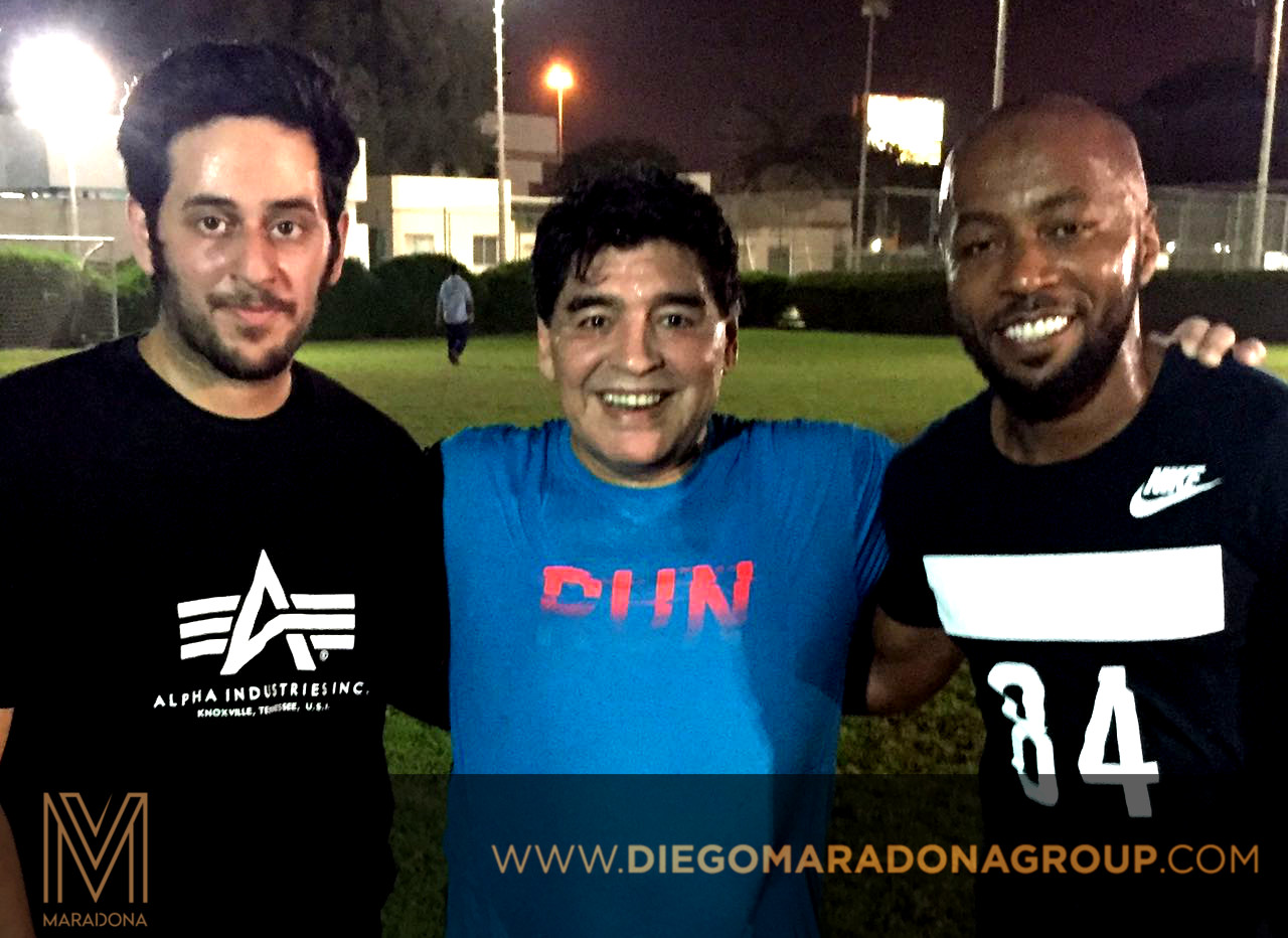 Khamis Al Rumaithy, Co Founder of Maradona Group, Diego Maradona and Ismail Matar during the event